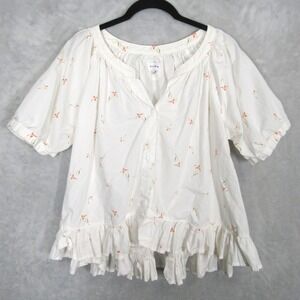 PIYAMA Top Women's Size Large White Floral Ruffle Hem Boho Peasant Blouse